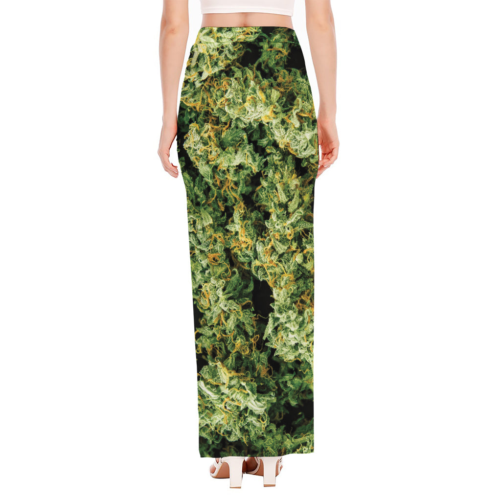 Green Weed Print High Slit Maxi Skirt