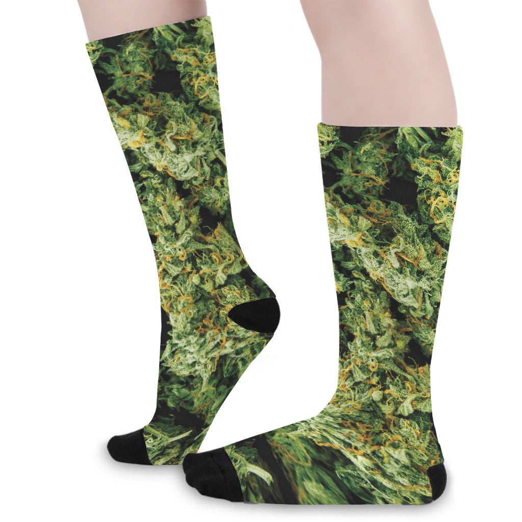 Green Weed Print Long Socks