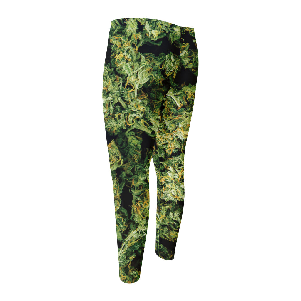 Green Weed Print Men's Compression Pants