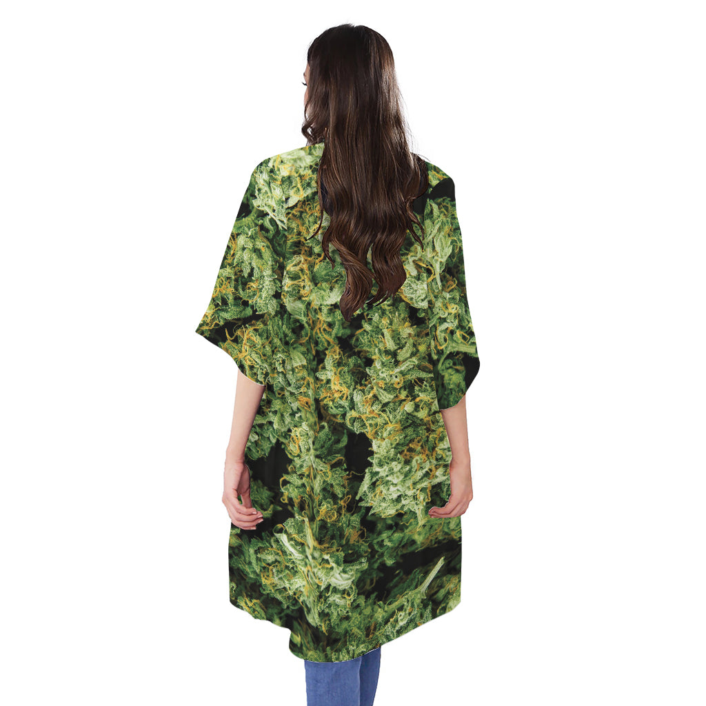 Green Weed Print Open Front Beach Cover Up