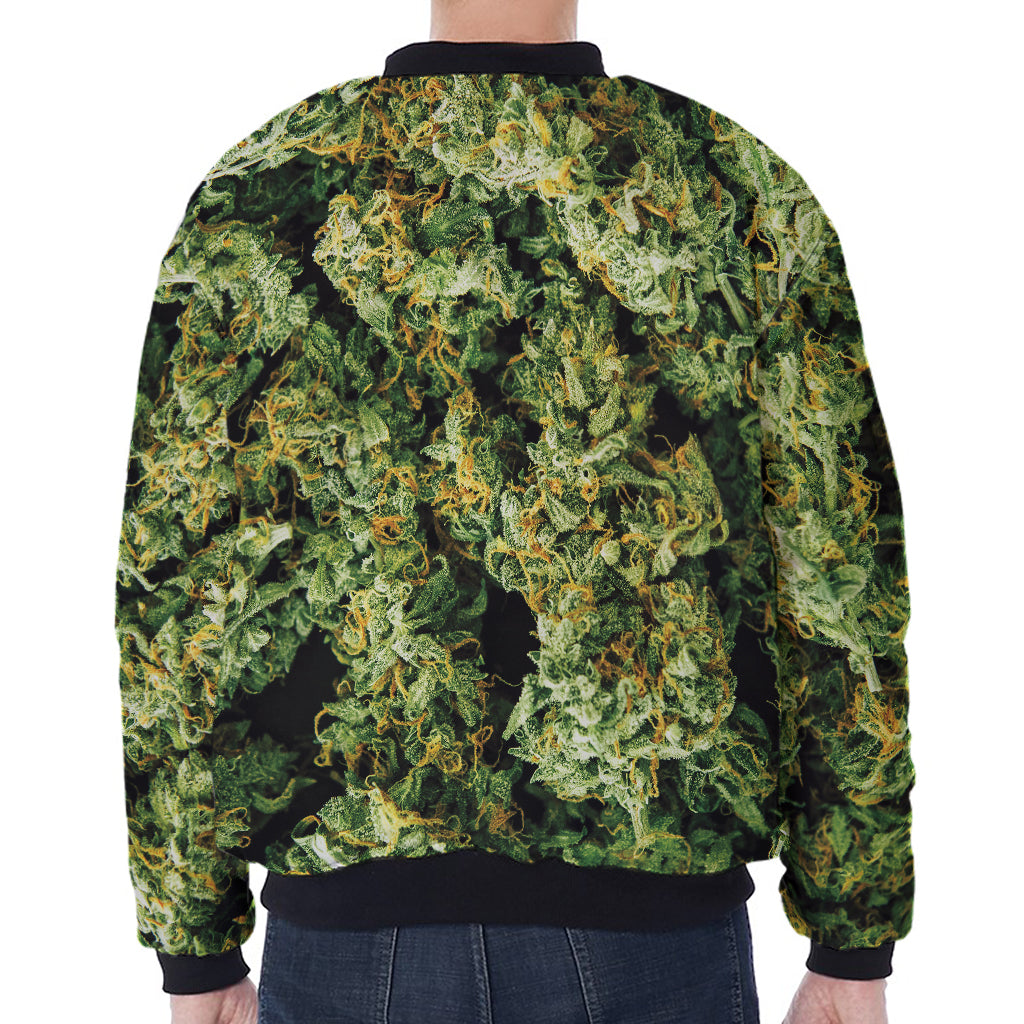 Green Weed Print Zip Sleeve Bomber Jacket