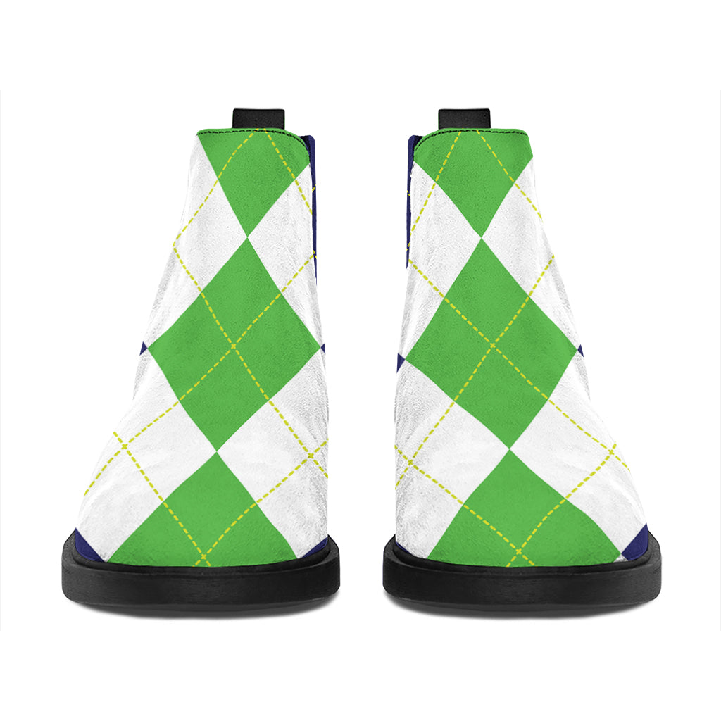 Green White And Navy Argyle Print Flat Ankle Boots