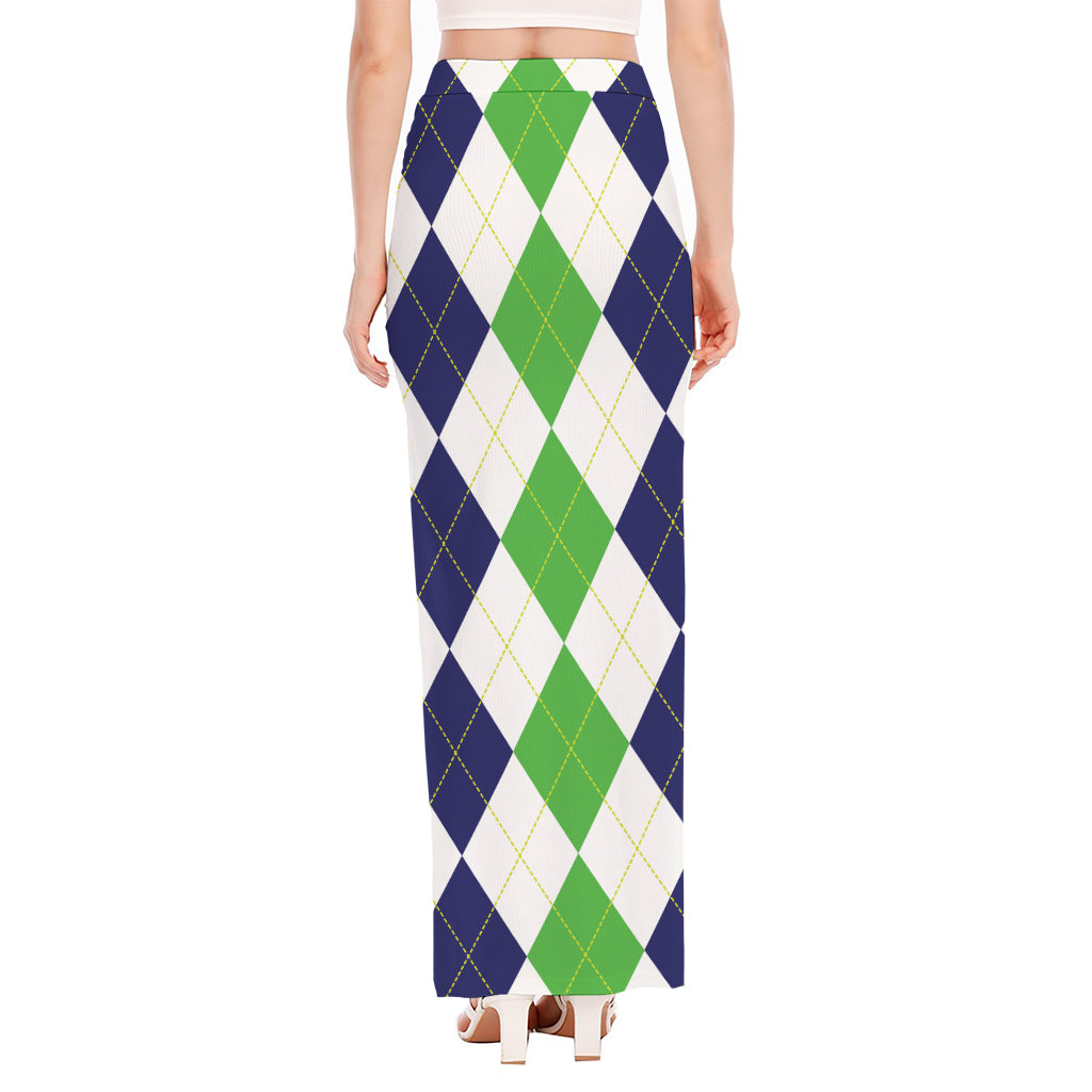 Green White And Navy Argyle Print High Slit Maxi Skirt