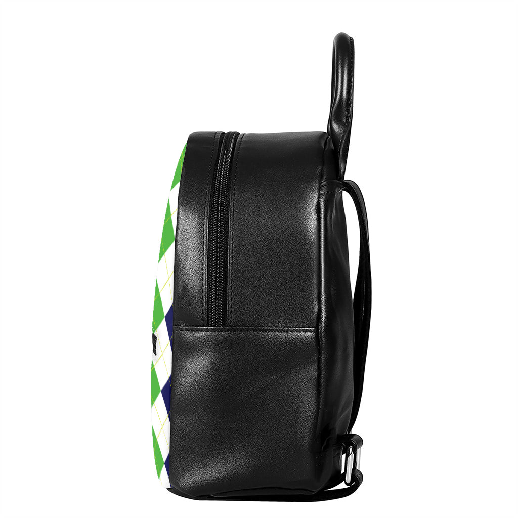 Green White And Navy Argyle Print Leather Backpack