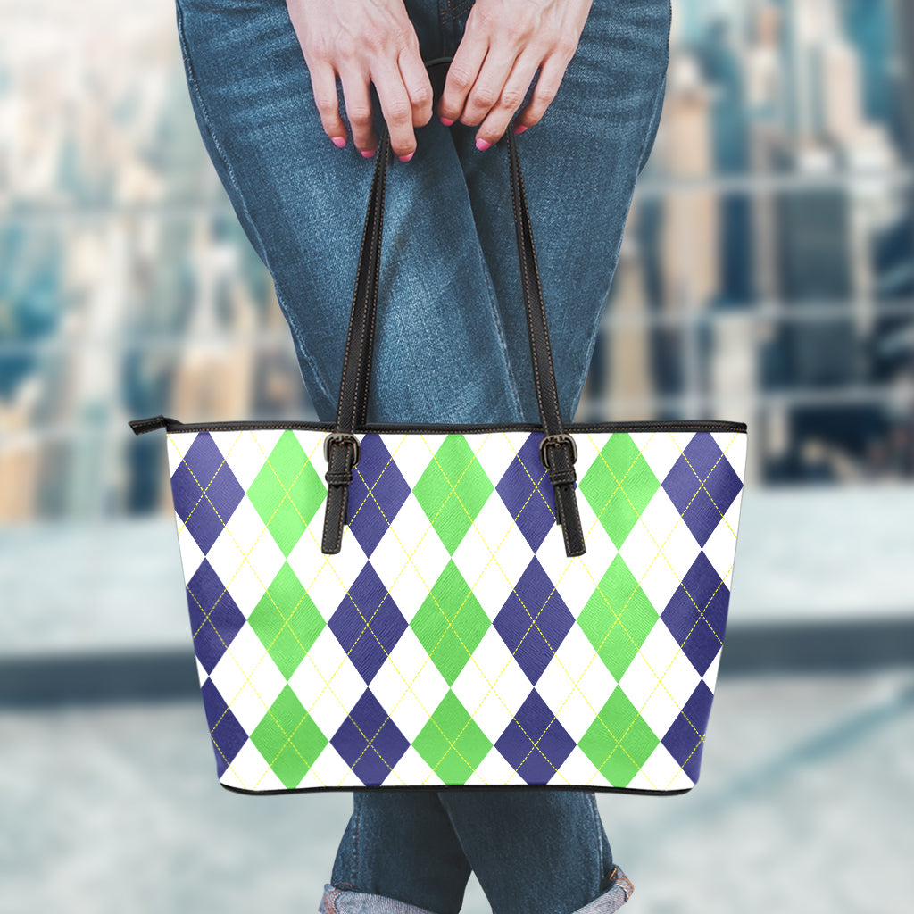 Green White And Navy Argyle Print Leather Tote Bag