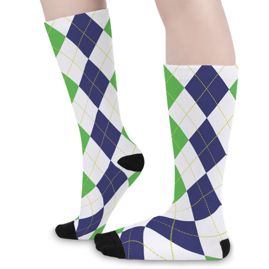 Green White And Navy Argyle Print Long Socks