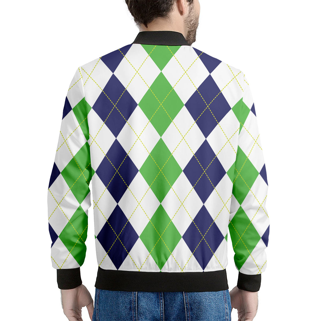 Green White And Navy Argyle Print Men's Bomber Jacket