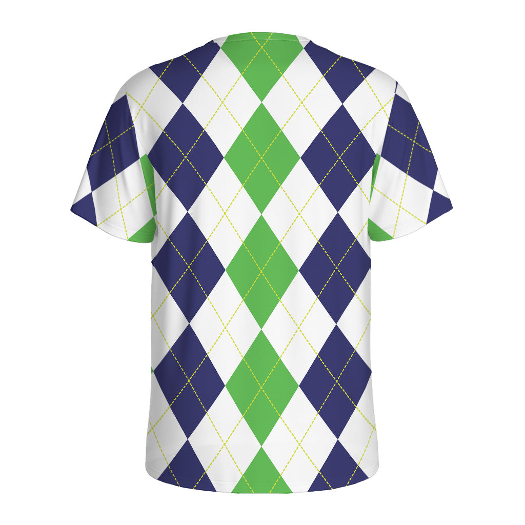 Green White And Navy Argyle Print Men's Sports T-Shirt
