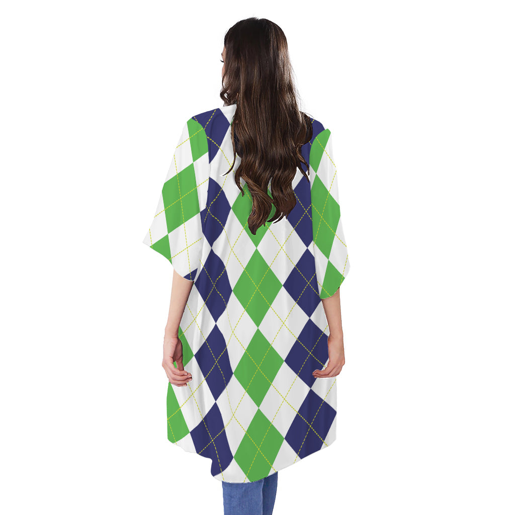 Green White And Navy Argyle Print Open Front Beach Cover Up