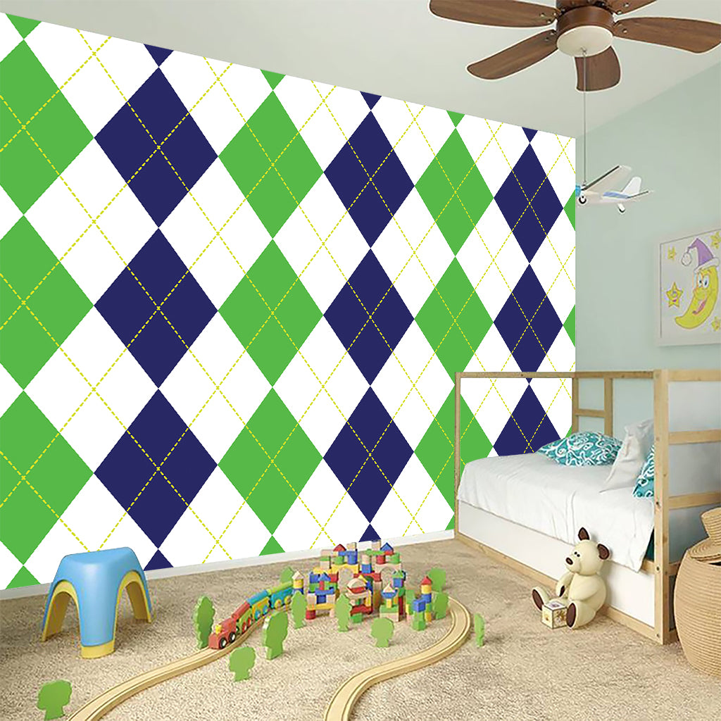 Green White And Navy Argyle Print Wall Sticker