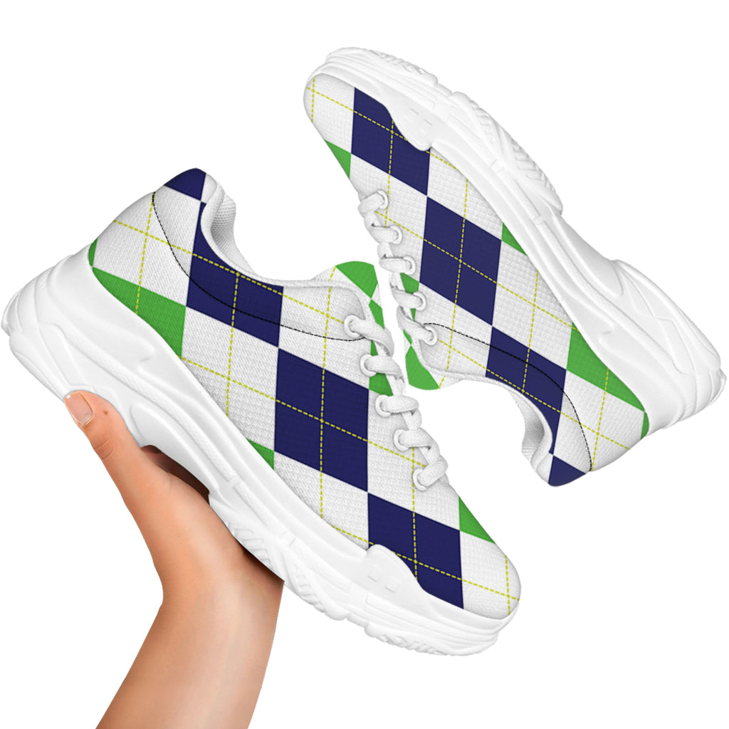 Green White And Navy Argyle Print White Chunky Shoes