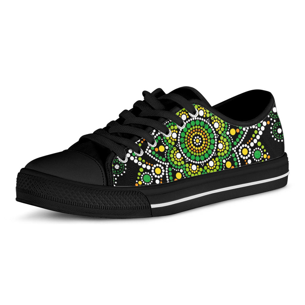 Green White Dot Mandala Print Black Low Top Sneakers