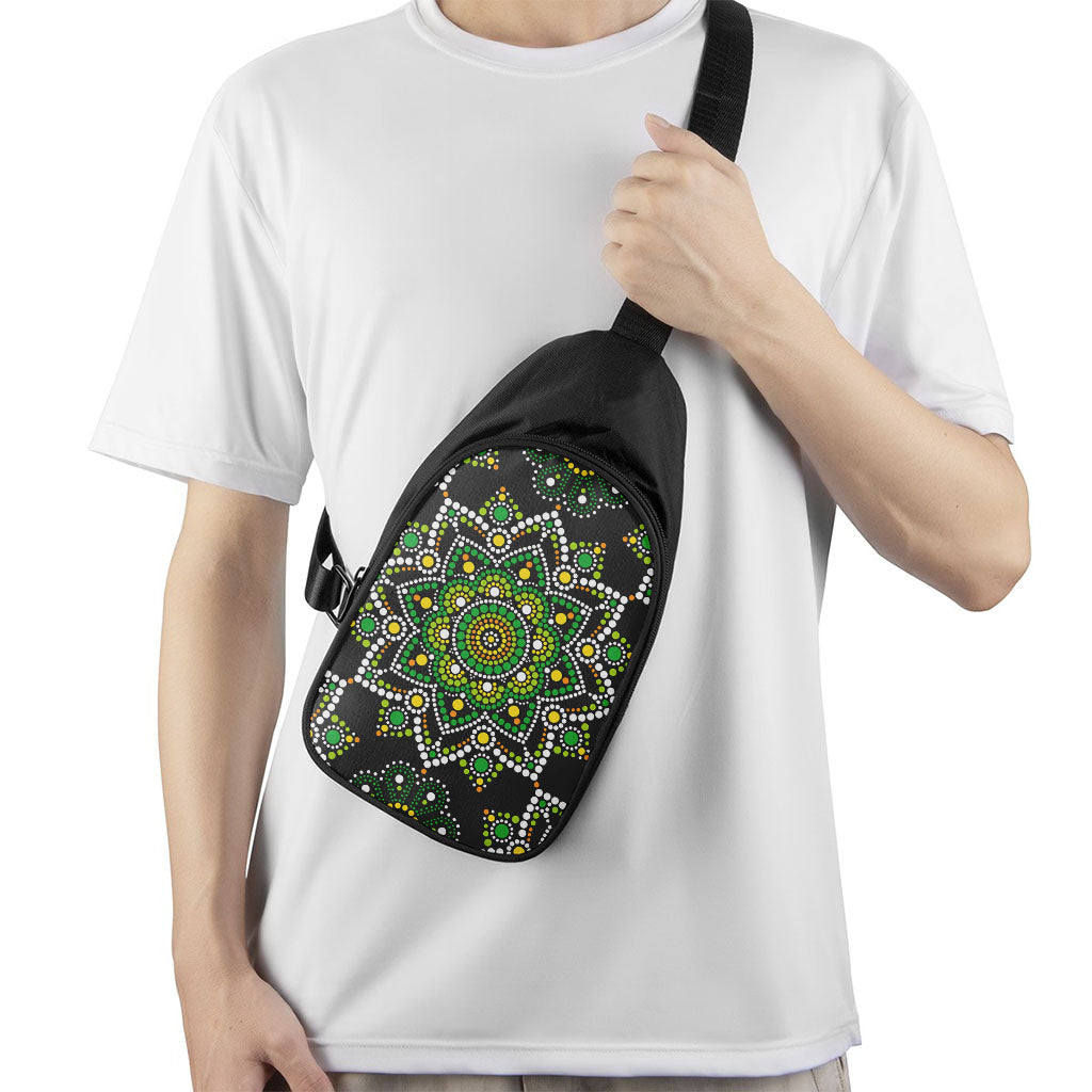 Green White Dot Mandala Print Chest Bag