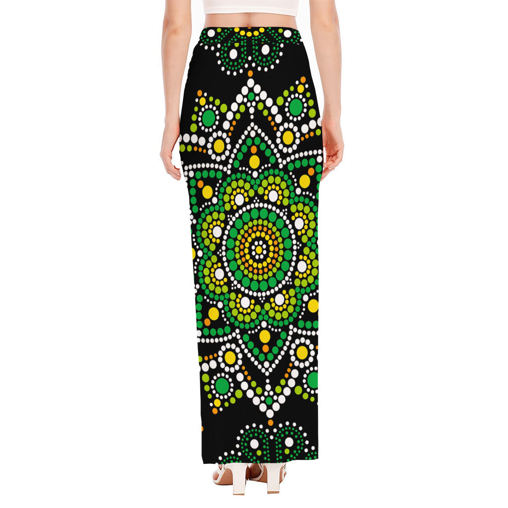 Green White Dot Mandala Print High Slit Maxi Skirt