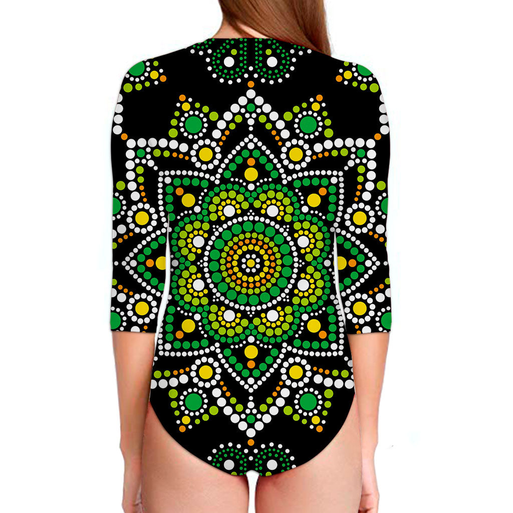 Green White Dot Mandala Print Long Sleeve Swimsuit