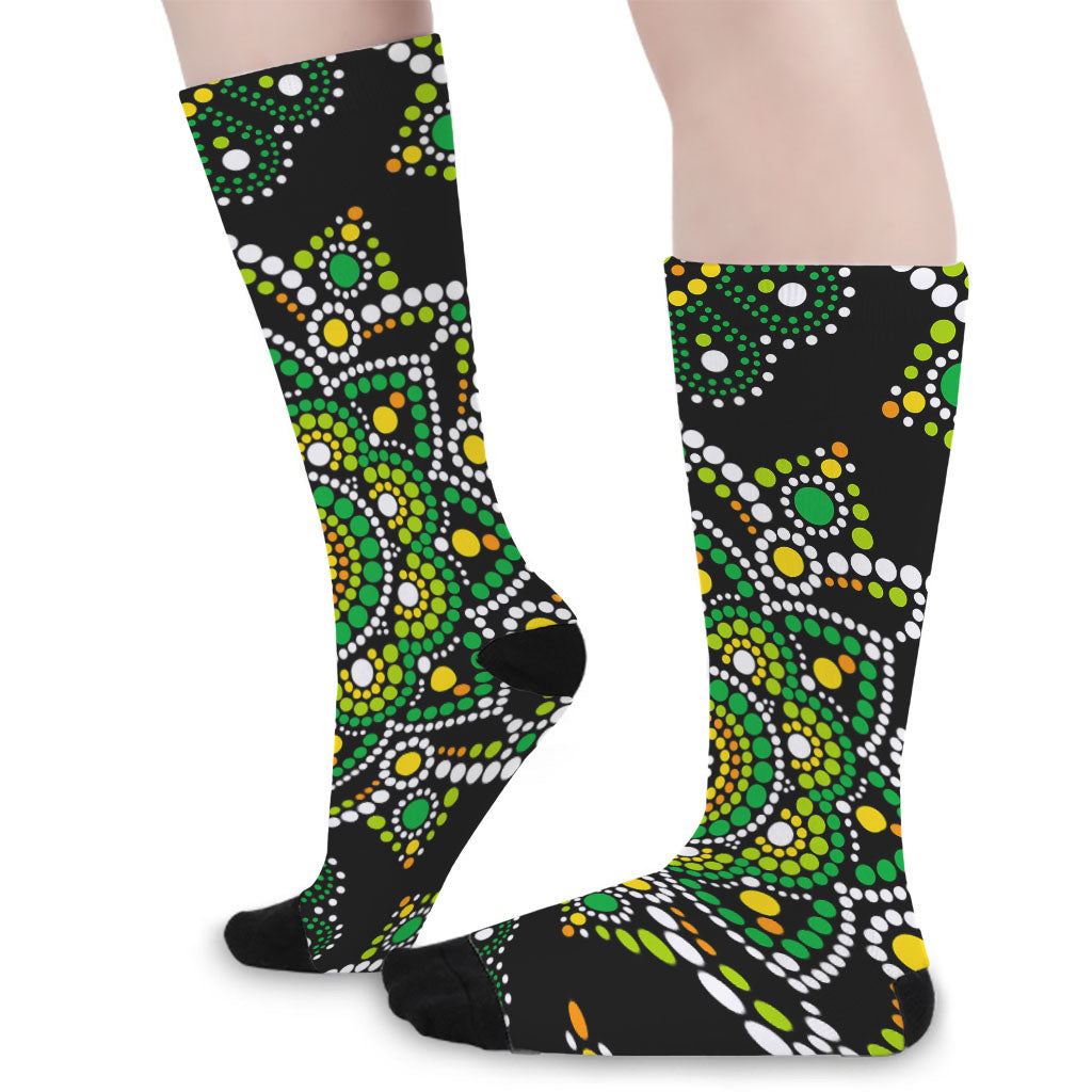 Green White Dot Mandala Print Long Socks
