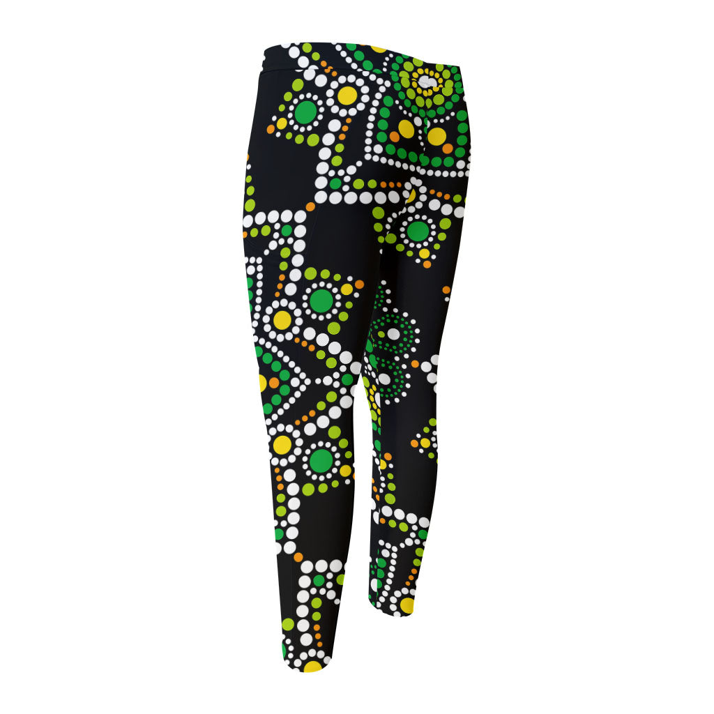 Green White Dot Mandala Print Men's Compression Pants