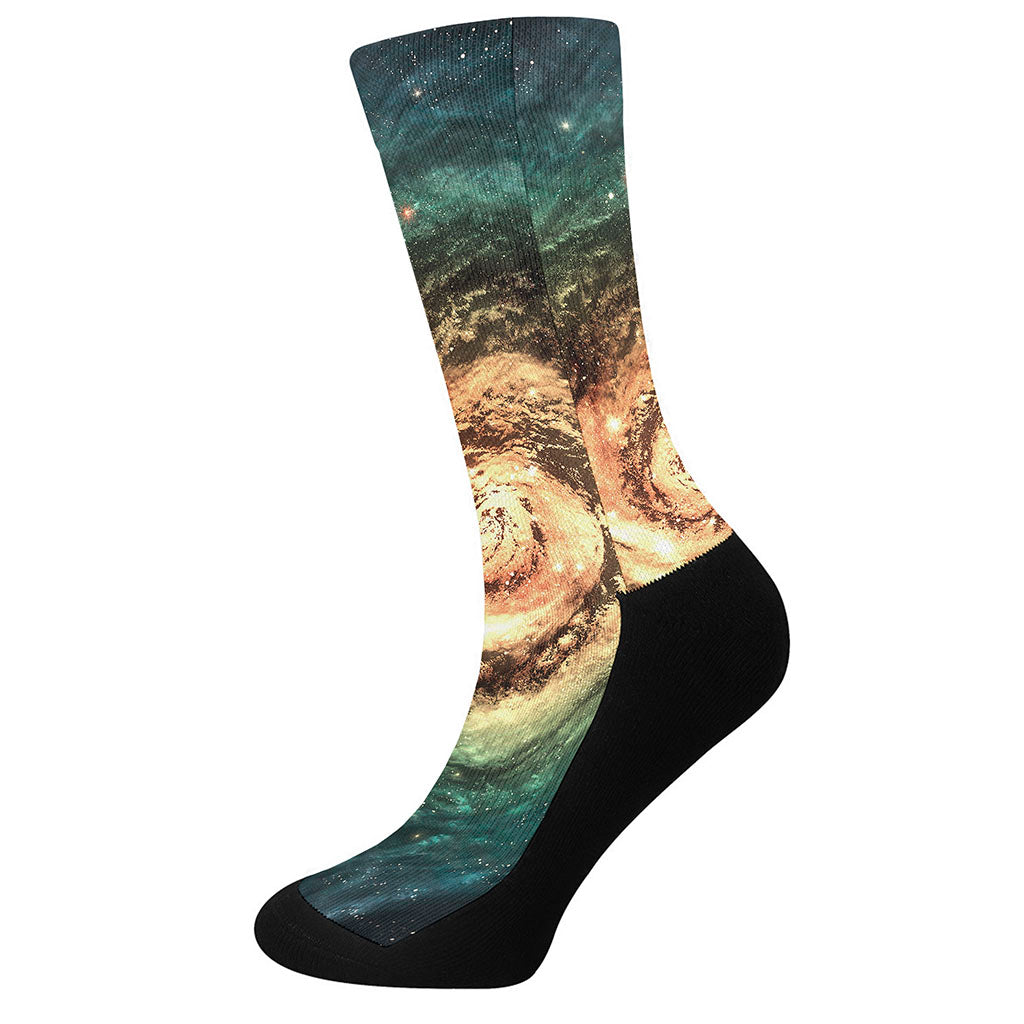 Green Yellow Spiral Galaxy Space Print Crew Socks