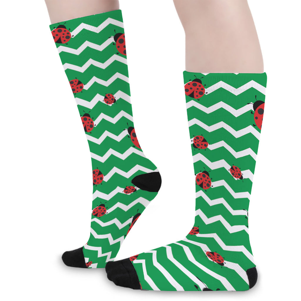 Green Zigzag Ladybird Pattern Print Long Socks