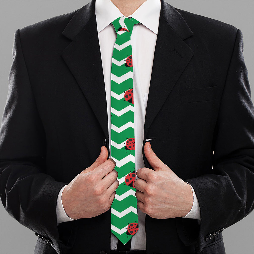 Green Zigzag Ladybird Pattern Print Necktie