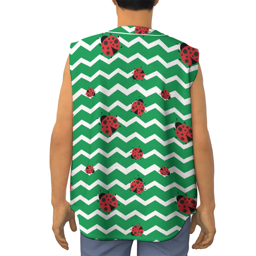 Green Zigzag Ladybird Pattern Print Sleeveless Baseball Jersey
