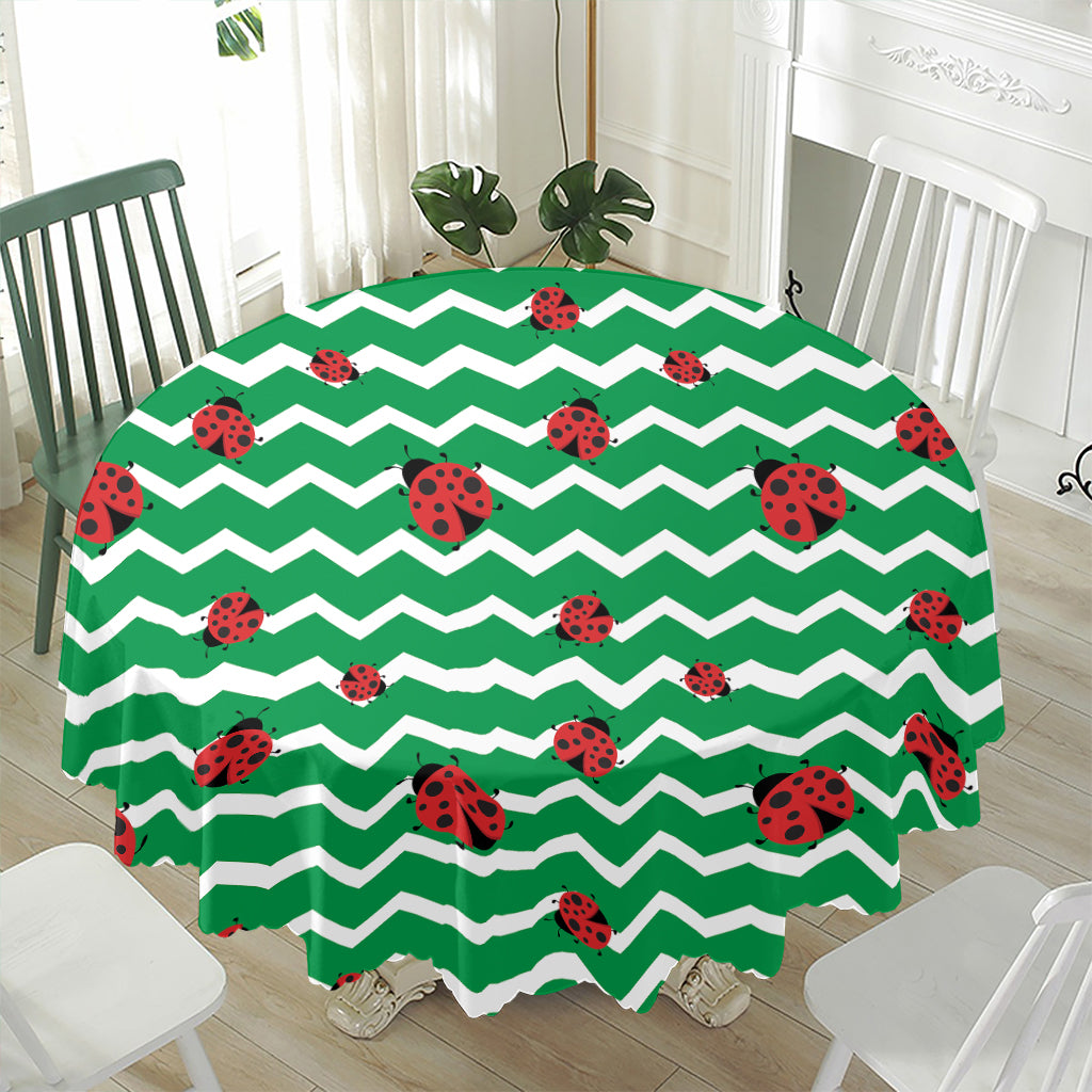 Green Zigzag Ladybird Pattern Print Waterproof Round Tablecloth