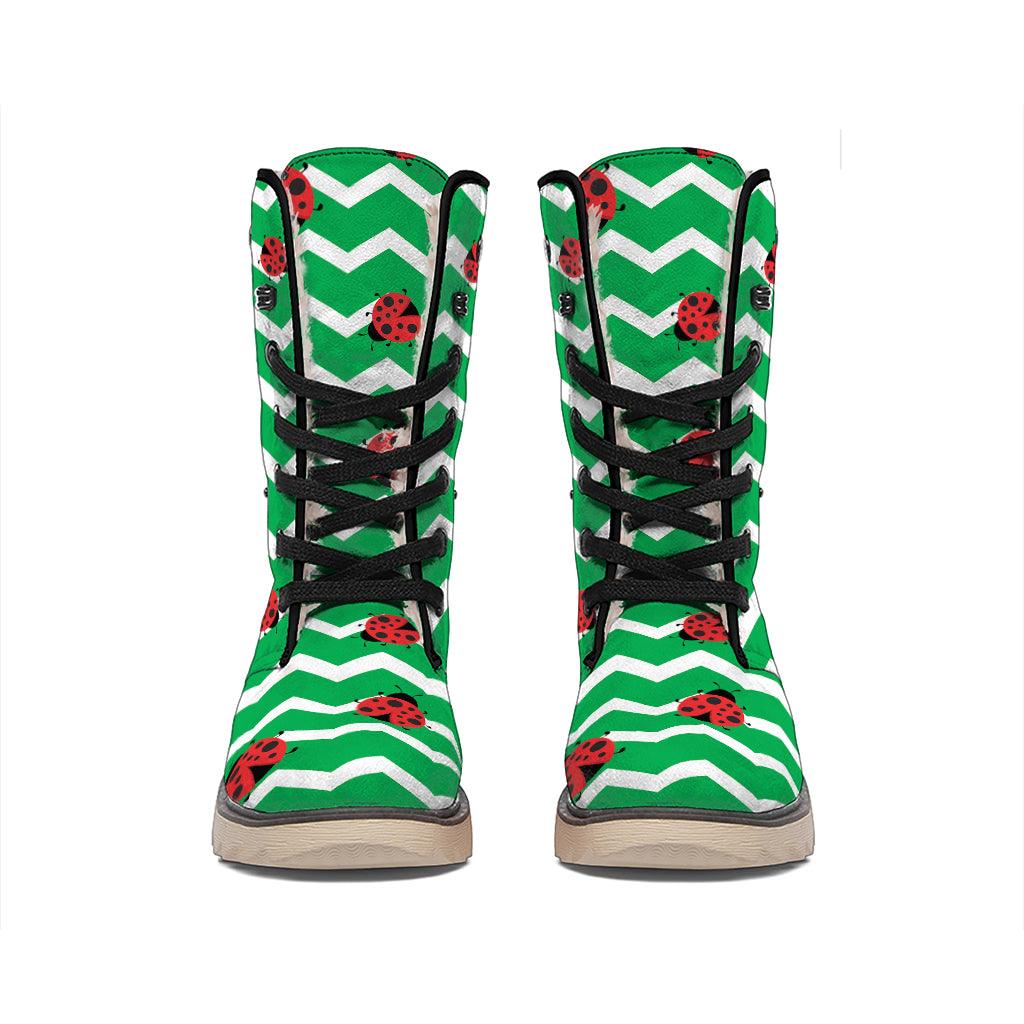 Green Zigzag Ladybird Pattern Print Winter Boots