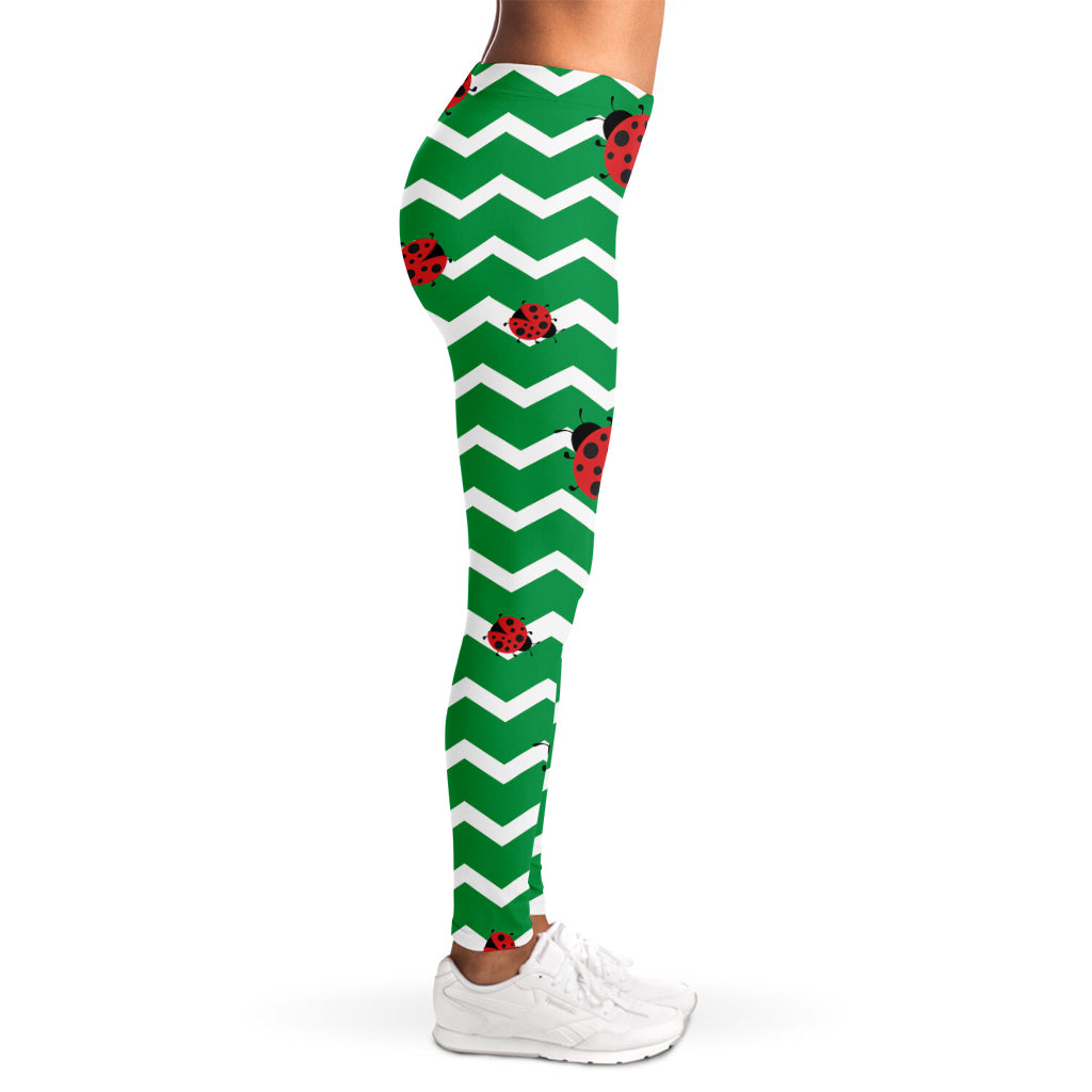 Green Zigzag Ladybird Pattern Print Women's Leggings
