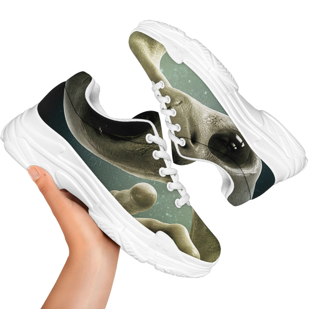 Grey Alien 3D Print White Chunky Shoes