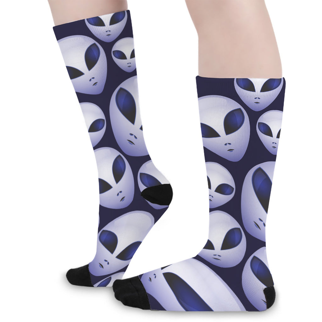 Grey Alien Face Pattern Print Long Socks