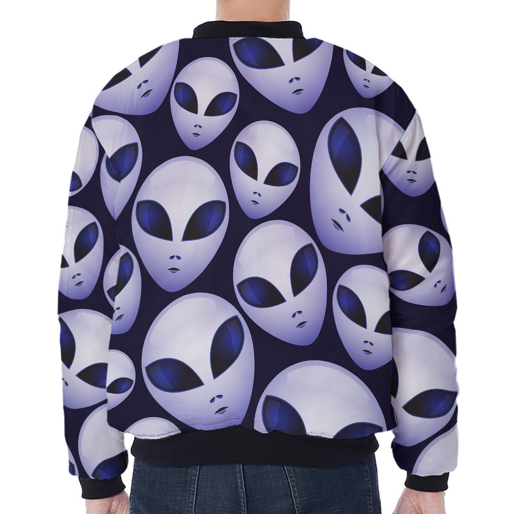 Grey Alien Face Pattern Print Zip Sleeve Bomber Jacket
