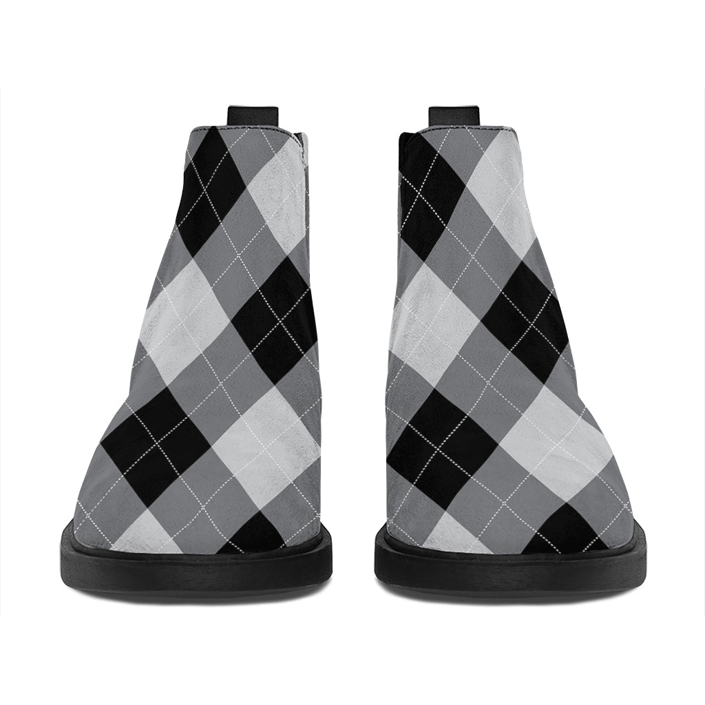 Grey And Black Argyle Pattern Print Flat Ankle Boots