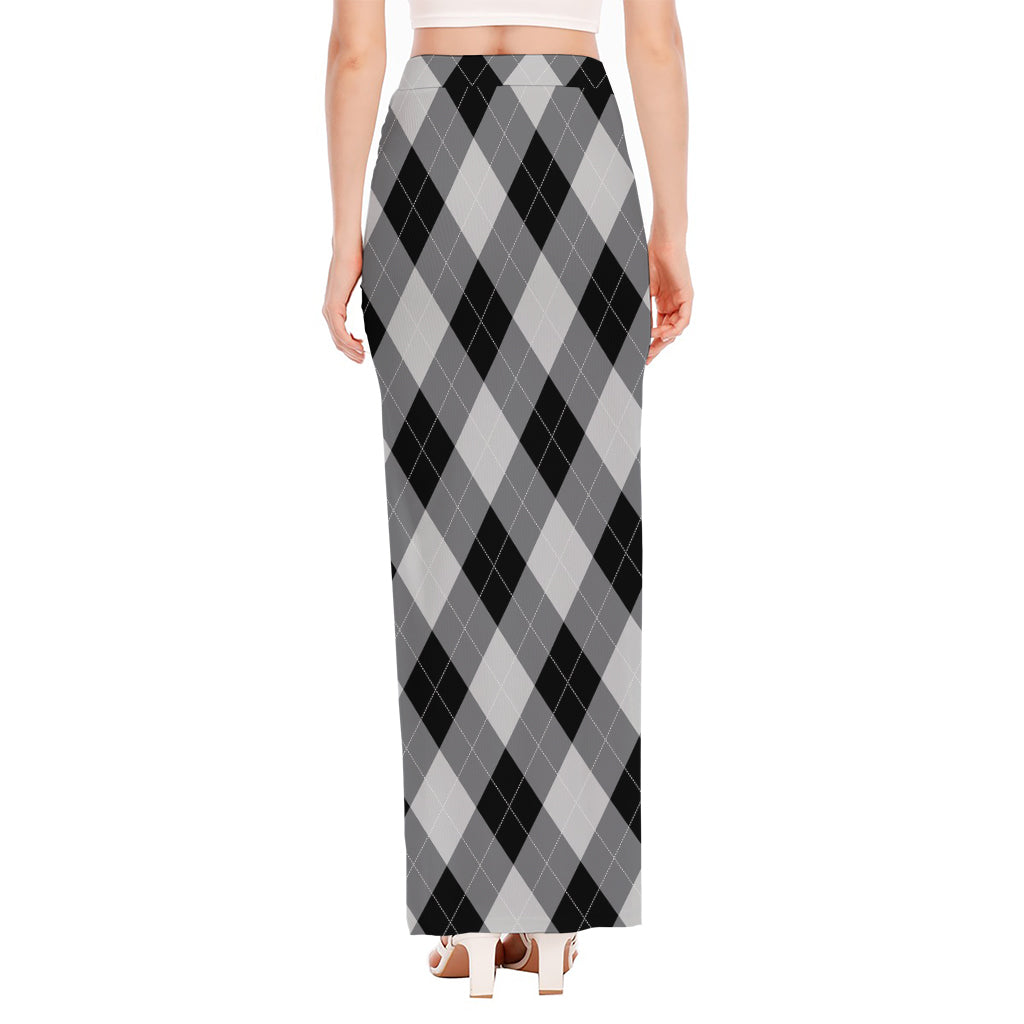 Grey And Black Argyle Pattern Print High Slit Maxi Skirt