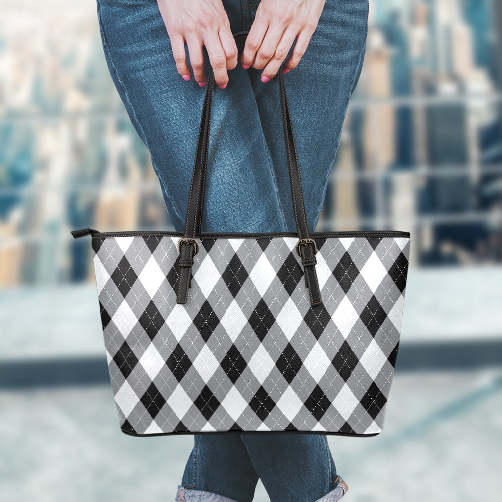 Grey And Black Argyle Pattern Print Leather Tote Bag