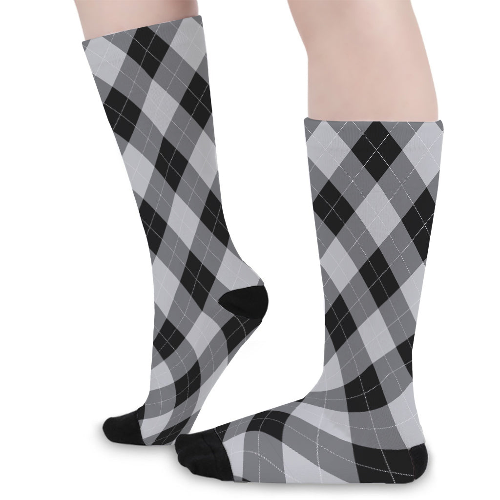 Grey And Black Argyle Pattern Print Long Socks