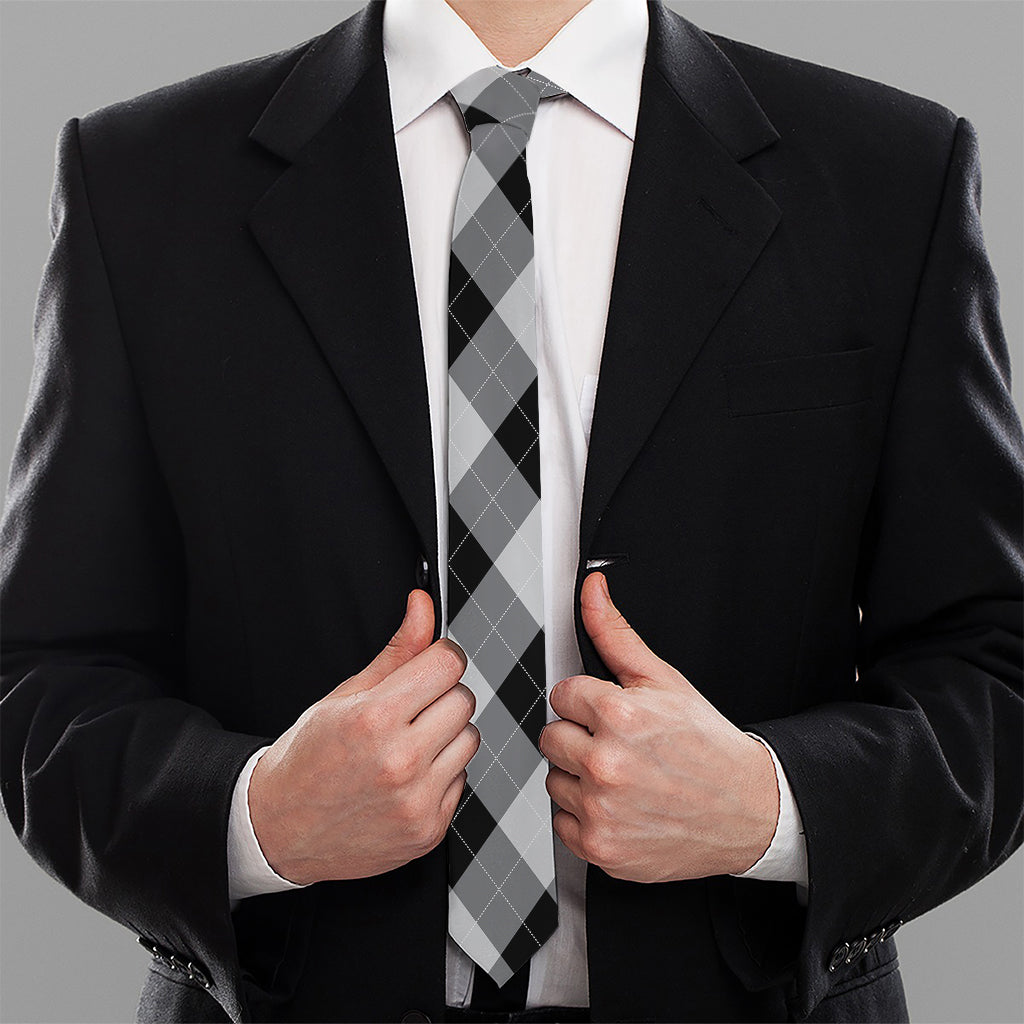 Grey And Black Argyle Pattern Print Necktie