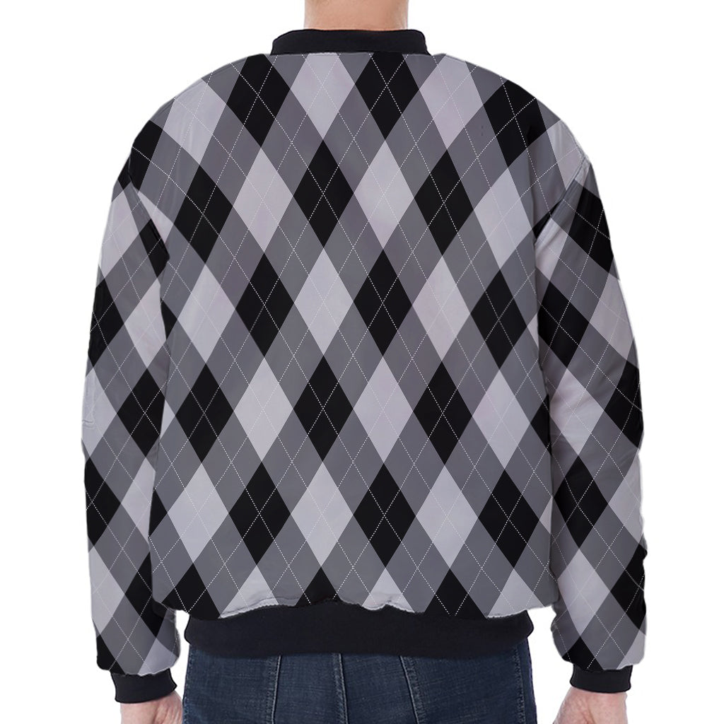 Grey And Black Argyle Pattern Print Zip Sleeve Bomber Jacket
