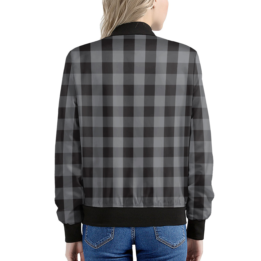 Grey And Black Check Pattern Print Women's Bomber Jacket
