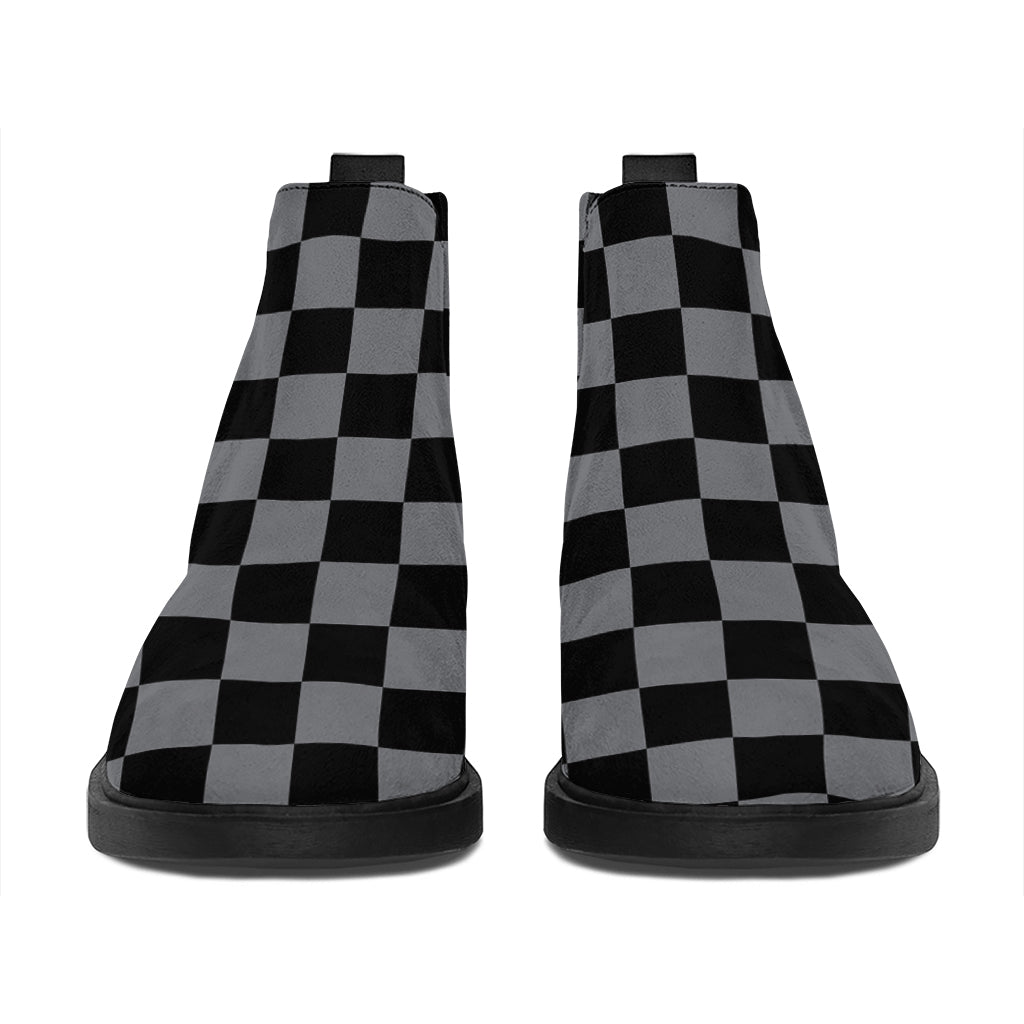 Grey And Black Checkered Pattern Print Flat Ankle Boots