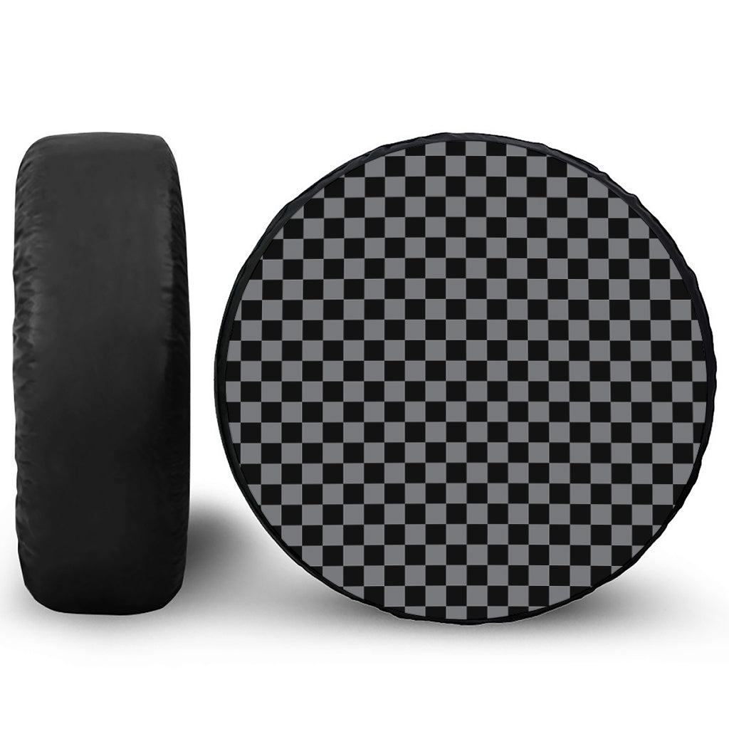 Grey And Black Checkered Pattern Print Leather Spare Tire Cover