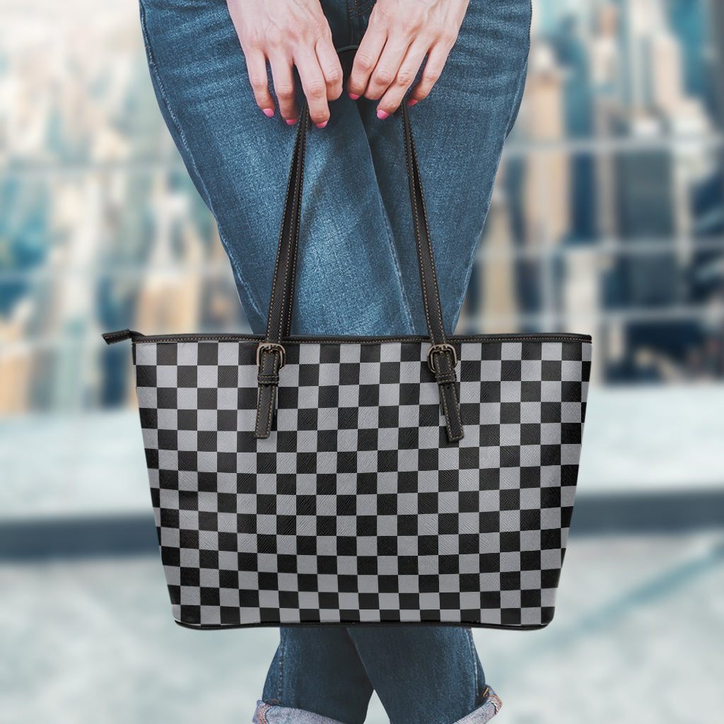 Grey And Black Checkered Pattern Print Leather Tote Bag