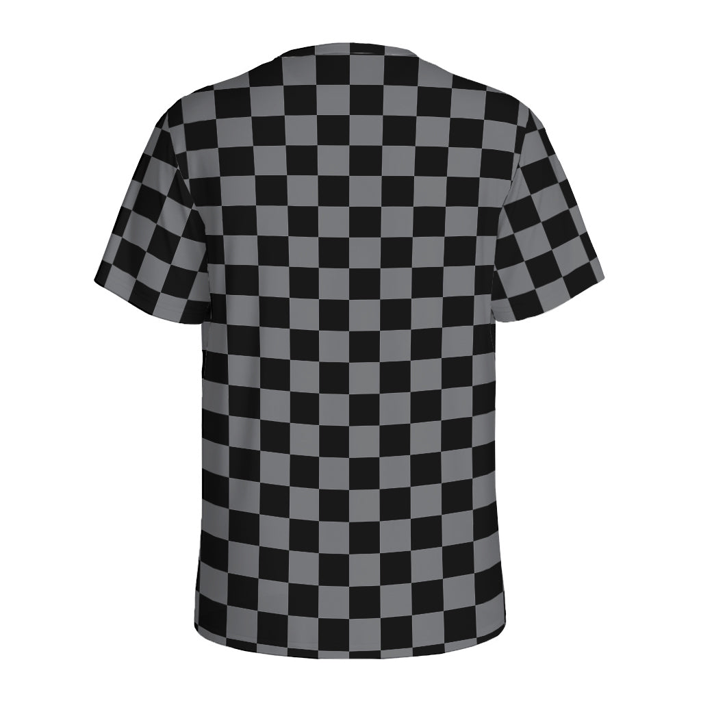 Grey And Black Checkered Pattern Print Men's Sports T-Shirt