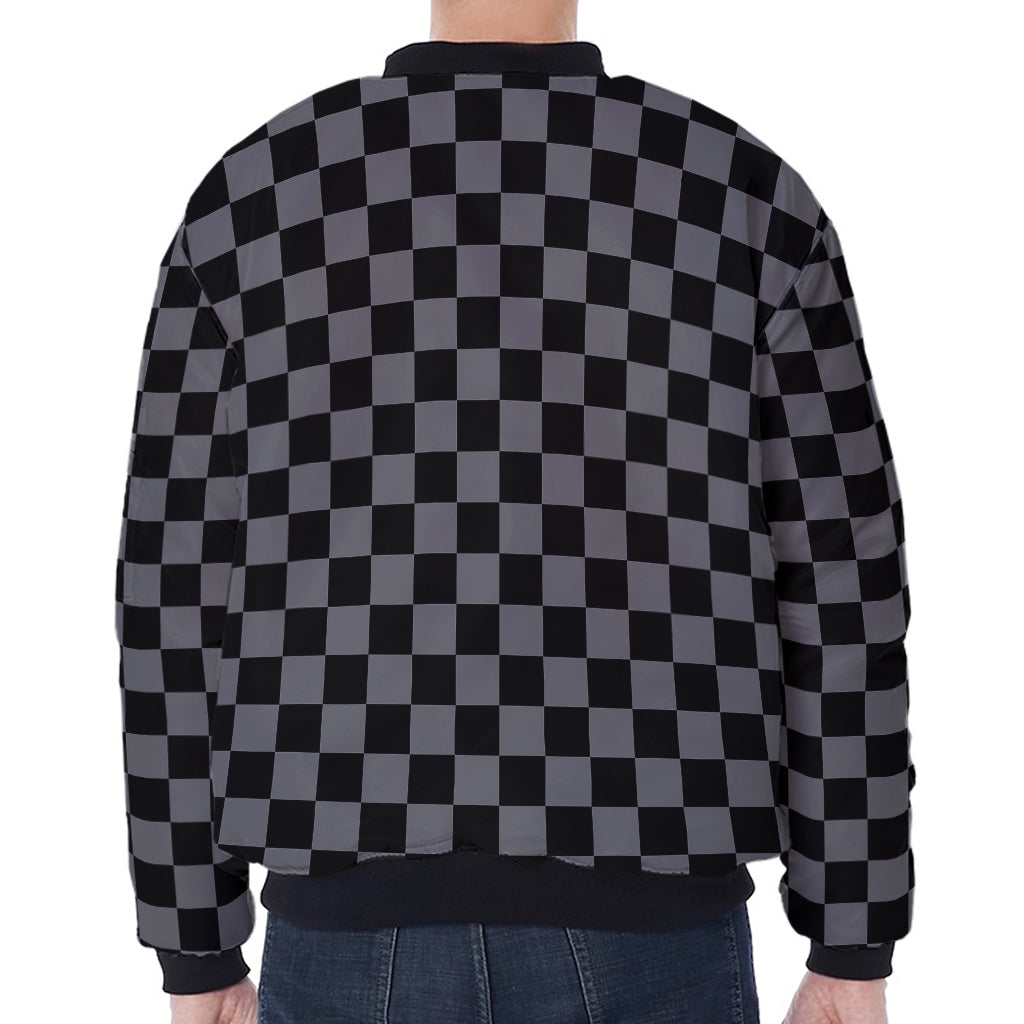 Grey And Black Checkered Pattern Print Zip Sleeve Bomber Jacket