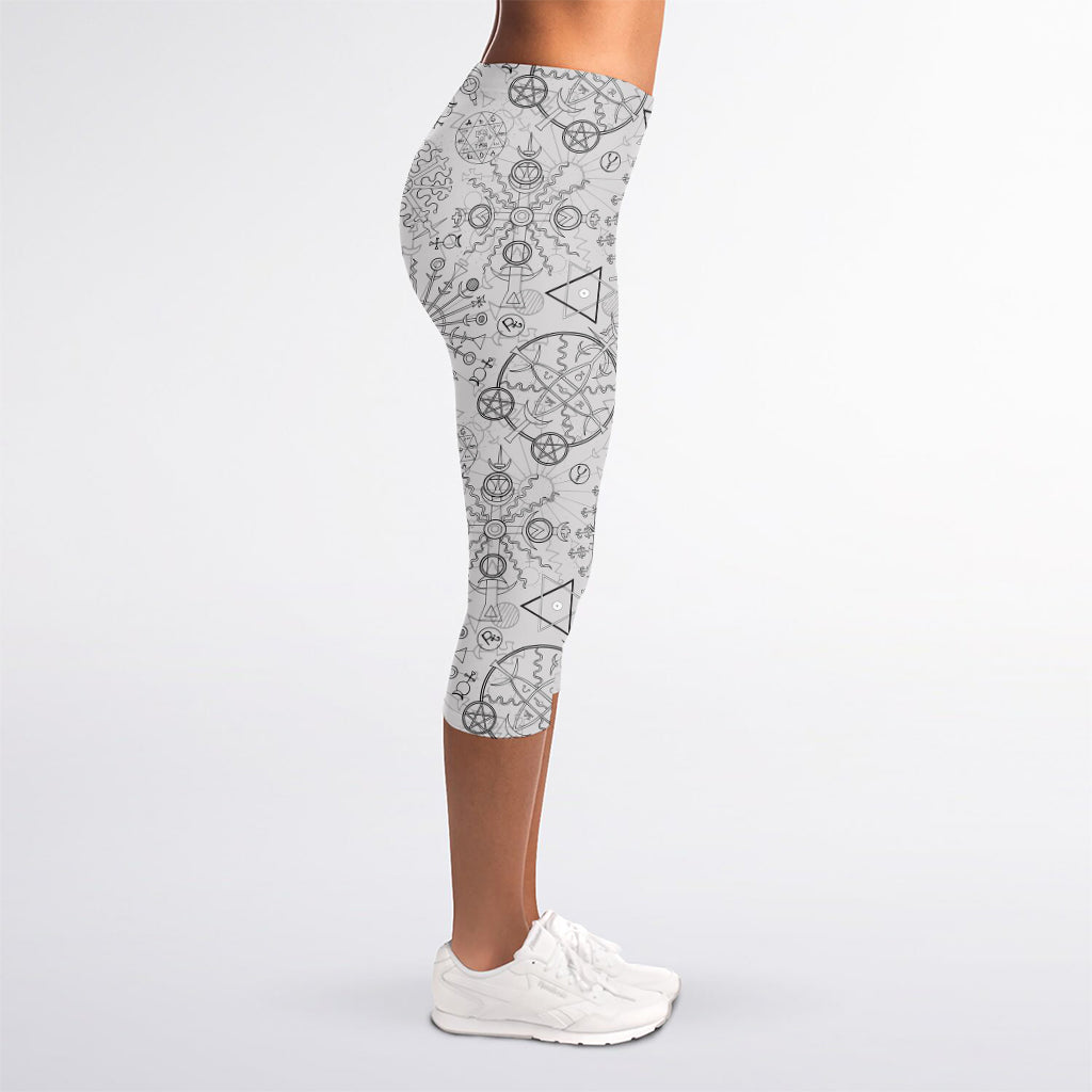 Grey And Black Mystical Wiccan Print Women's Capri Leggings