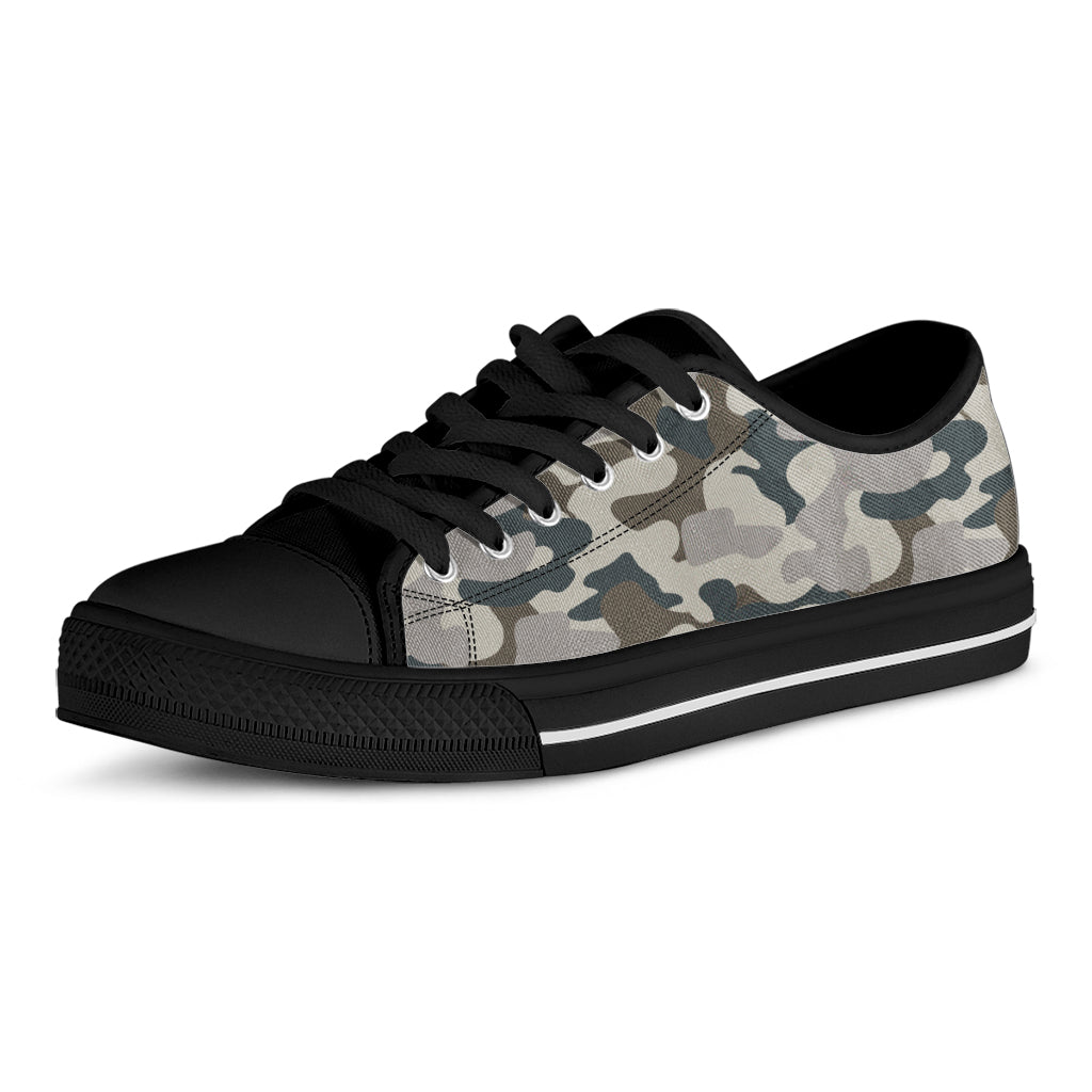 Grey And Brown Camouflage Print Black Low Top Sneakers