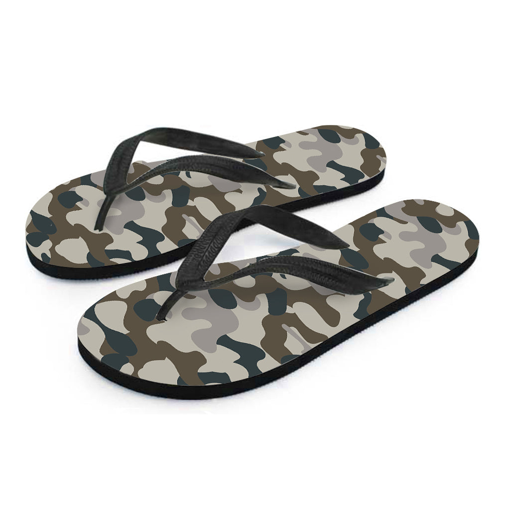 Grey And Brown Camouflage Print Flip Flops