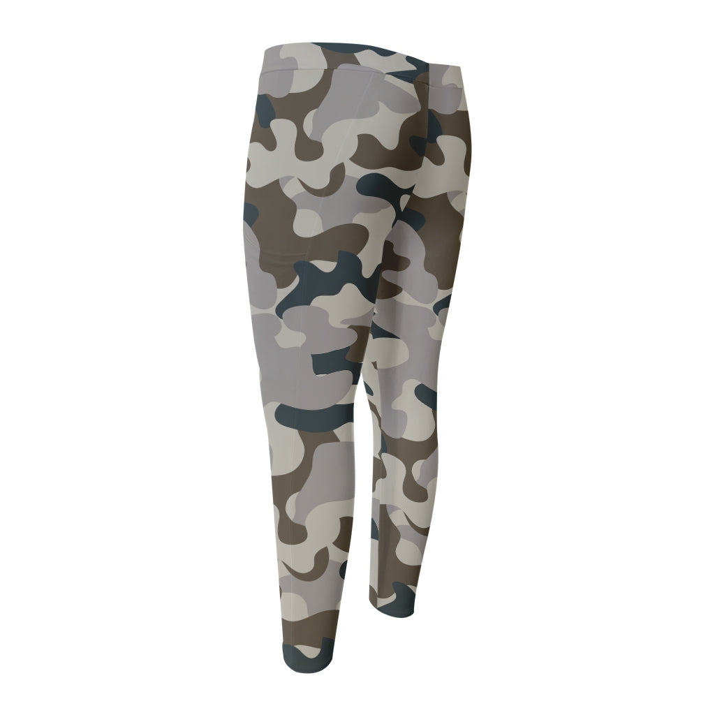 Grey And Brown Camouflage Print Men's Compression Pants