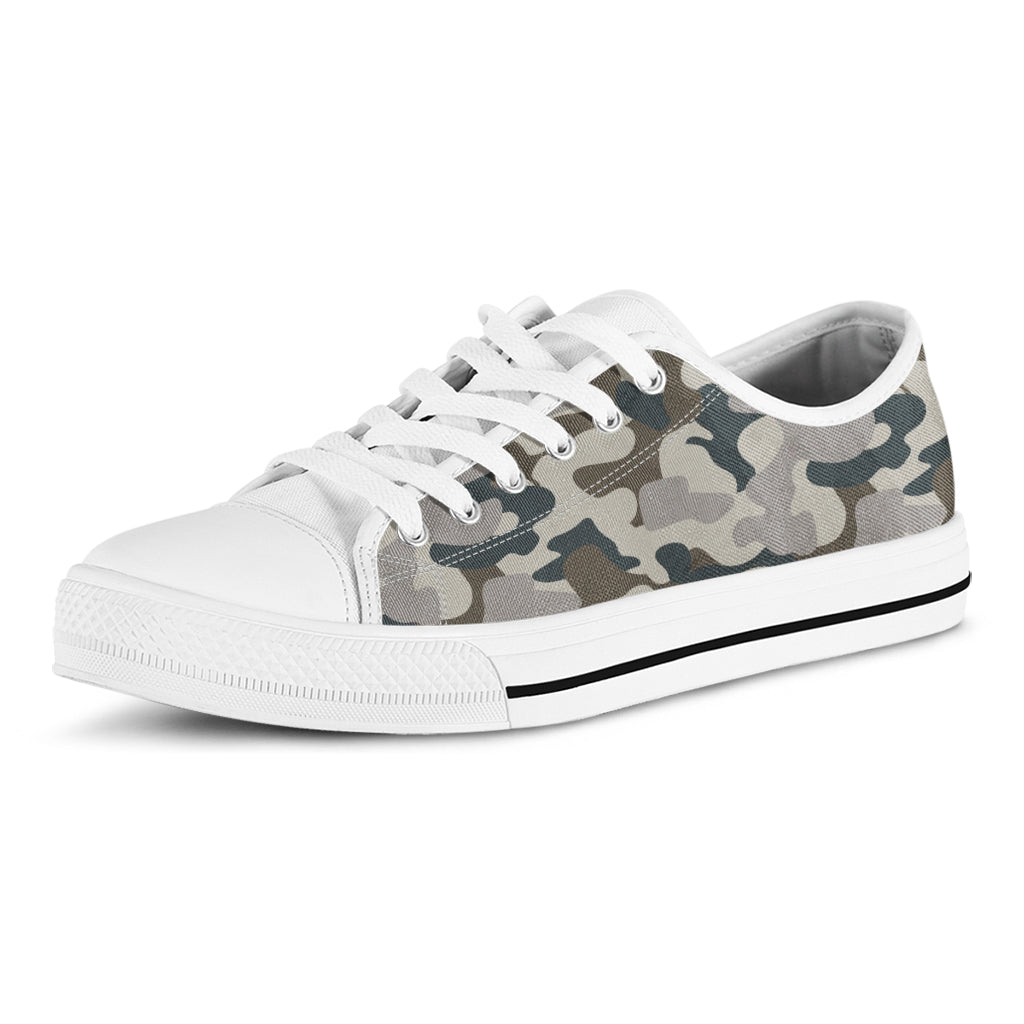 Grey And Brown Camouflage Print White Low Top Sneakers