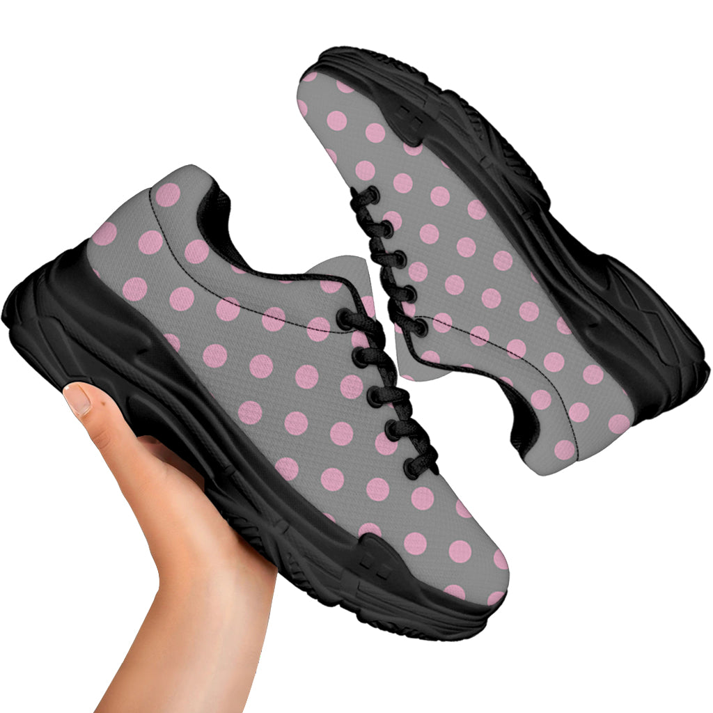 Grey And Pink Polka Dot Pattern Print Black Chunky Shoes