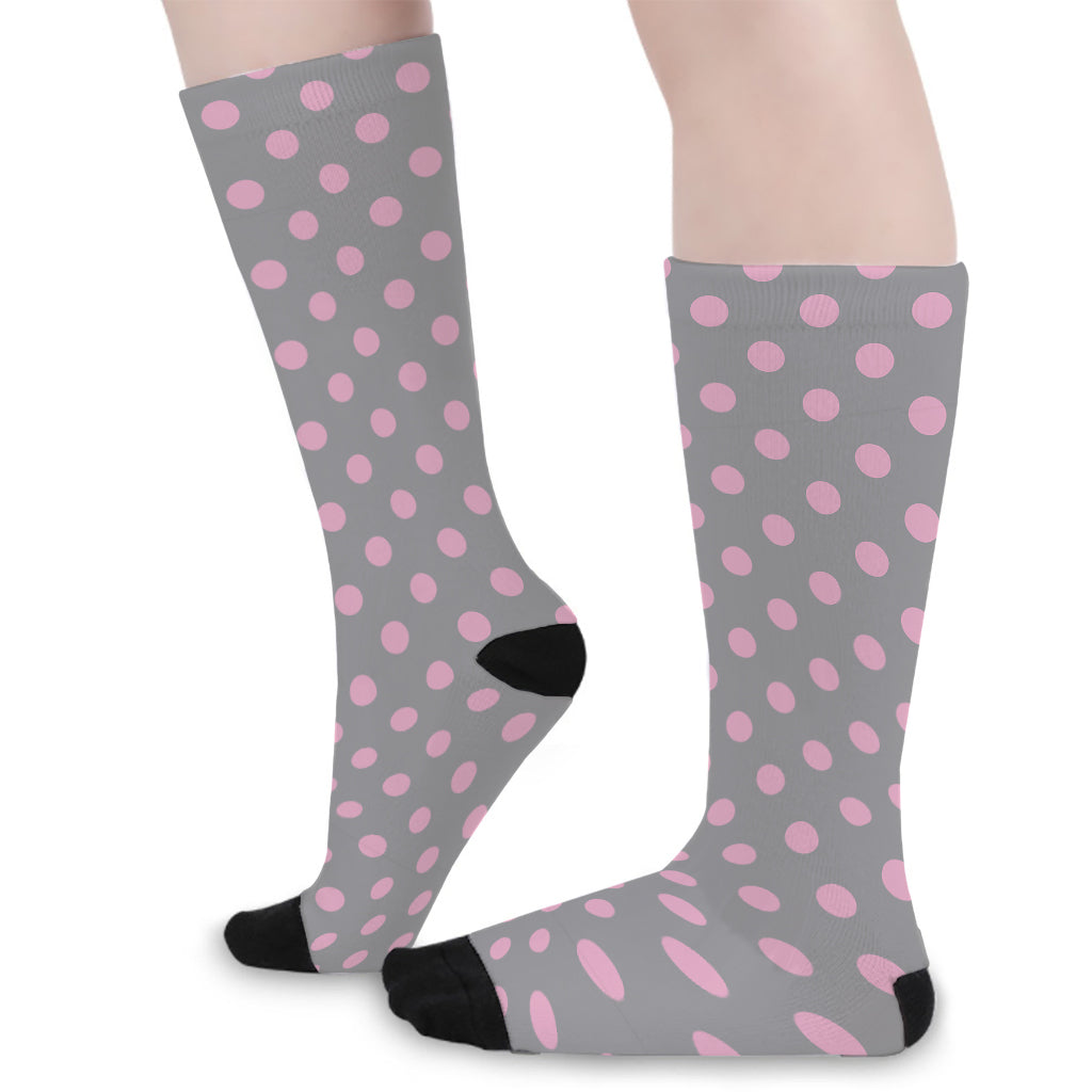 Grey And Pink Polka Dot Pattern Print Long Socks
